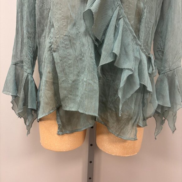 Vintage Jaipar Shirt Large Green V Neck 3/4 Sleeves Sheer Handkerchief Blouse - Picture 7 of 12